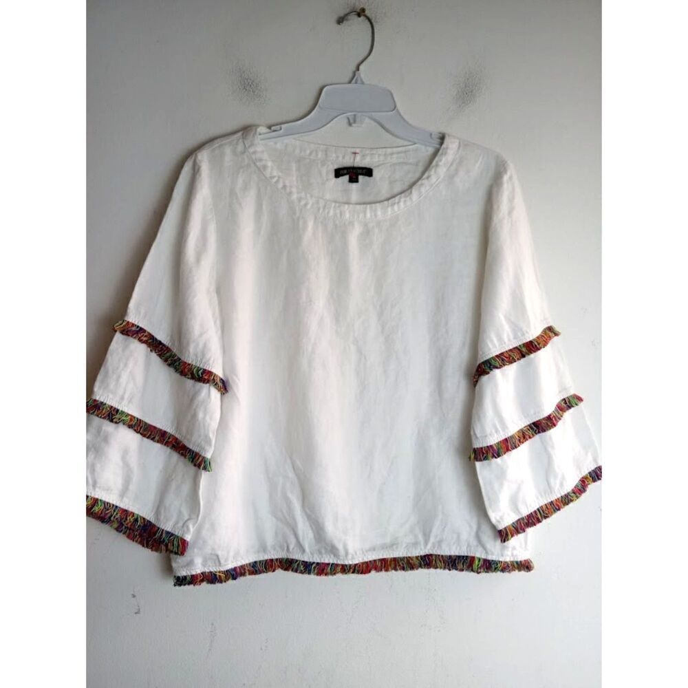 For Cynthia Women White w/Multicolor Fringe 100% Linen Boxy Blouse size Medium